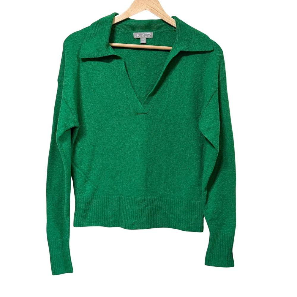 J.Crew Womens Green Merino Wool Alpaca Blend V-Neck Polo Sweater XS BK182
